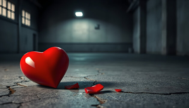 Broken Red Heart on Cracked Ground in Dark Warehouse