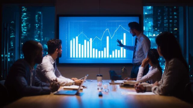 Businessman giving a presentation on financial charts to a corporate team in a dark office at night. This business strategy and teamwork scene shows professionals analyzing data for company growth