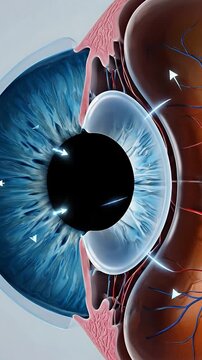 Eye anatomy 3d medical illustration diagram with blue iris pupil cornea lens retina nerve vessel optical structure and light refraction cross section for education and ophthalmology