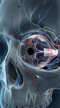 Eye anatomy 3d medical illustration of human skull orbit with detailed eyeball nerve vessel artery vein muscle network and glowing laser beam technology concept science visualization for education