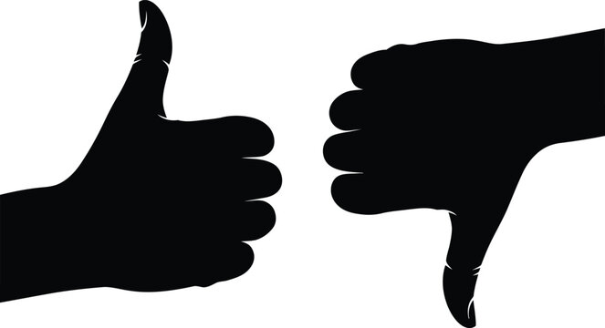 Black Hand Silhouettes Giving Thumbs Up and Down on White Background