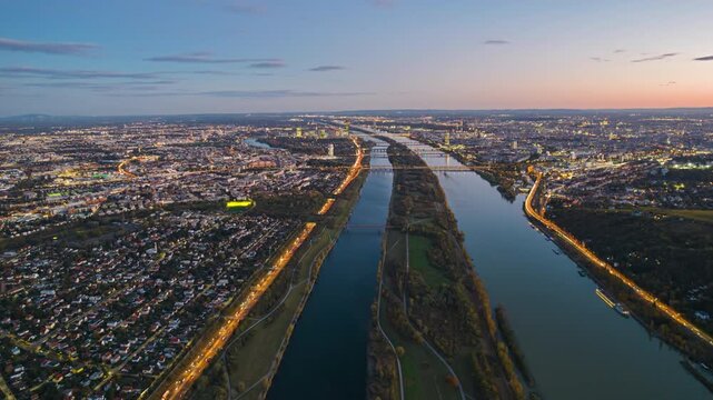 Evening aerial hyper lapse Vienna city, Austria