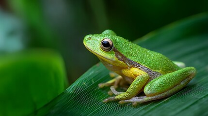 Naklejka premium Bright Green Tree Frog on Leaf, High-Resolution Wildlife Macro Photography