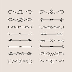 Fototapeta premium Set of elegant black line art dividers and arrows with decorative elements