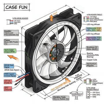 Details of a computer case fan showing components and wiring in a technical drawing format