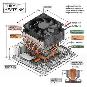 Cooler system layout with chipset heatsink and fan for efficient heat management in computer hardware