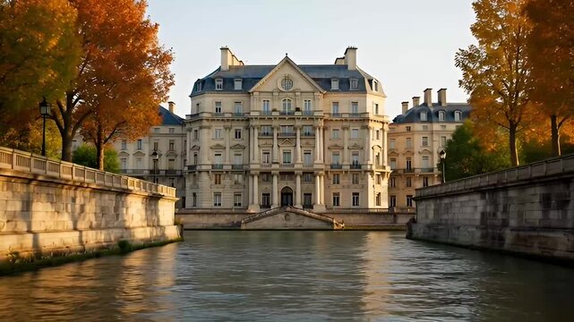 Majestic Parisian architecture reflected in the tranquil Seine River during autumn