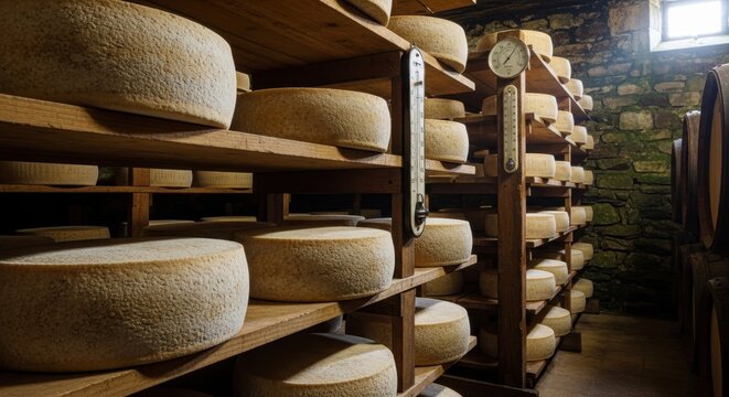 Aging cheese wheels stored on wooden shelves in a dimly lit cellar viewed from the side