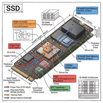 Details of a solid-state drive showing different components and their functions in a labeled diagram for understanding its design
