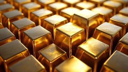 Gold Bars Array: A close-up view of a meticulously arranged array of golden bars, showcasing their inherent value and the allure of wealth, hinting at financial stability and economic power.