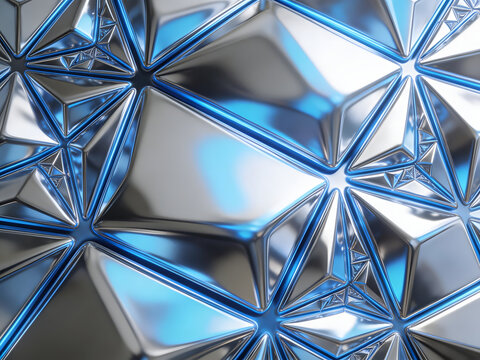 3D Rendering of Interconnected Metallic Silver Geometric Pyramid Pattern with Reflective Surfaces and Layered Grid Arrangement