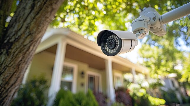 High-Resolution Security Camera Hanging from Tree Branch Overlooking Residential Home, Surveillance Technology Monitoring Outdoor Space for Safety and Protection