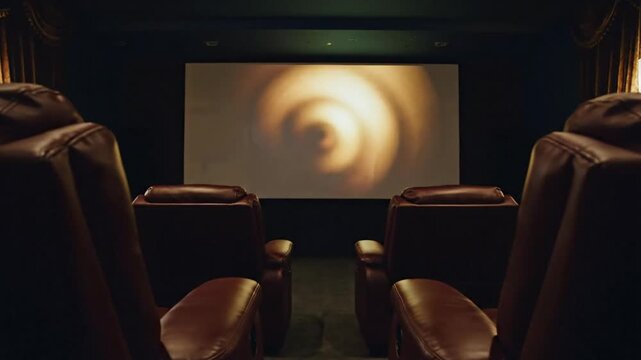 Hushed home theater interior with velvet seats facing a blank screen