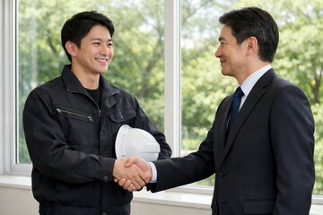 窓際で笑顔を浮かべて力強く握手を交わす作業着の男性とスーツ姿のビジネスマン