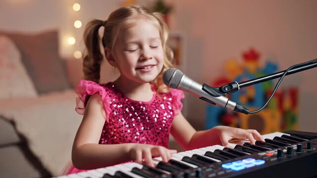 Young girl singing and playing the piano with passion.
