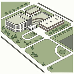 Aerial view of modern research park with buildings and greenery