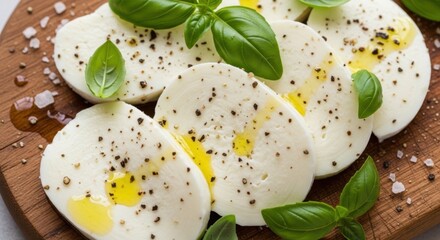 Fresh mozzarella cheese slices garnished with basil leaves and spices on a wooden board viewed from above