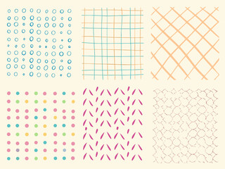 Abstract patterns featuring circles grids dots and linear designs