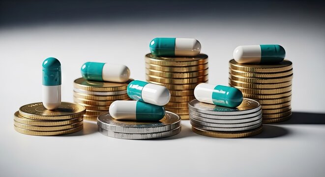 Pills on stacks of coins representing healthcare costs and financial concepts