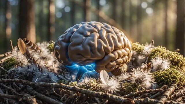 A visually stunning conceptual shot featuring a stylized, illuminated model of a human brain nestled within a natural bird's nest structure, surrounded by delicate feathers and vibrant moss. The brain