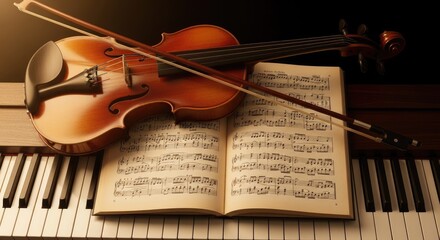 Fototapeta premium Violin on sheet music and piano keyboard musical instruments close up
