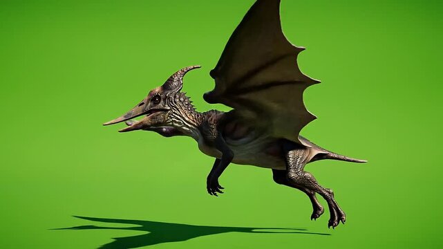 A 3D render of a flying pterodactyl, specifically a pteranodon, presented on a green screen background. Perfect for movies, educational materials, presentations.