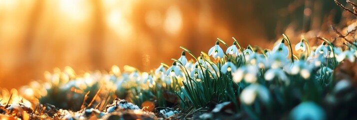 Naklejka premium Blooming snowdrops in a winter forest with morning sun and bokeh in early spring for March 8 and Easter themes