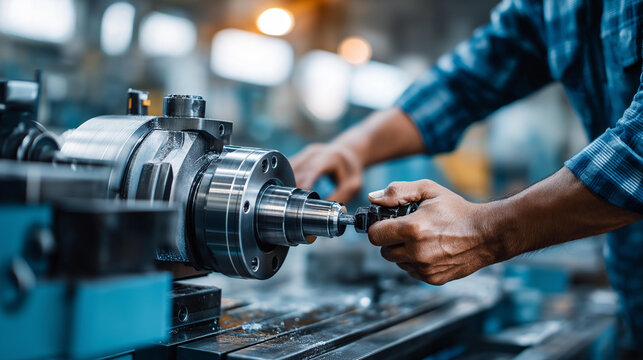 Faceless industrial worker using metal lathe machine in factory workshop to make parts for products or equipment, heavy industry concept, copy space banner background, with copy