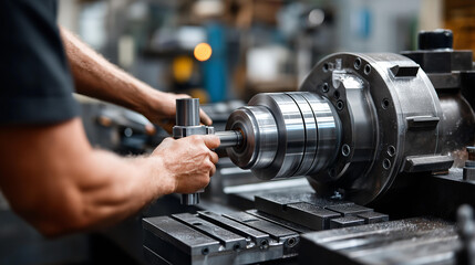 Faceless worker operating lathe machine shaping metal part with precision, lathe machining, metalworking process, industrial manufacturing, production craftsmanship, with copy