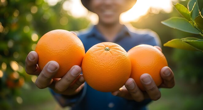 Orchard Bounty: A farmer showcases a vibrant collection of freshly harvested oranges, highlighting the bounty of nature and the rewards of hard work.