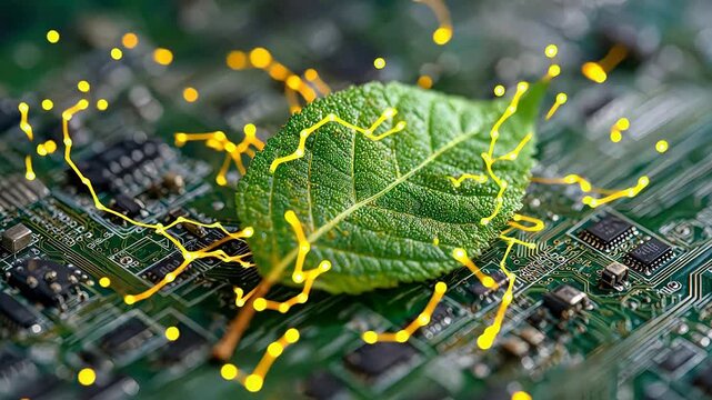 Leaf on circuit board with glowing lines