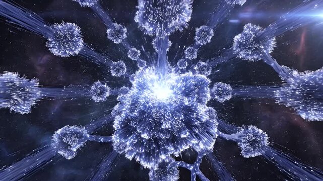 Abstract blue explosion with radial bursts of light. Outer space backdrop and floating orbs