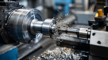 Fototapeta premium Precision metal turning on lathe creating metal shavings in factory, manufacturing process, metalworking detail, industrial production, with copy space