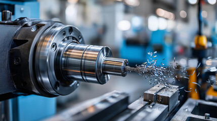 Naklejka premium Precision metal turning on lathe creating metal shavings in factory, manufacturing process, metalworking detail, industrial production, with copy space