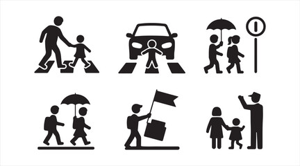 Collection of pedestrian crossing symbols road safety icons minimal black vector set isolated on white