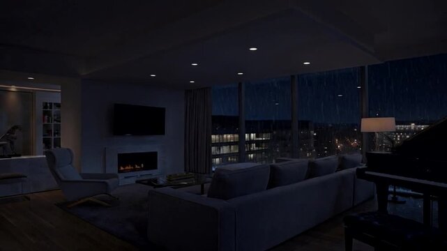 Dimly lit modern rooftop lounge overlooking city skyline at night.
