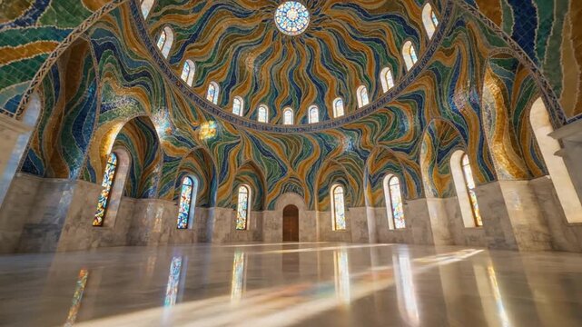 Interior of a grand dome hall with swirling colorful arabesque mosaic patterns and arched windows