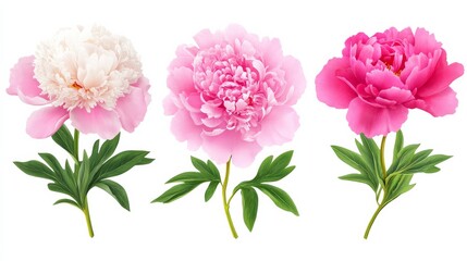 Fototapeta premium Collection set of peony flowers on white background with green leaves arranged in three bunches