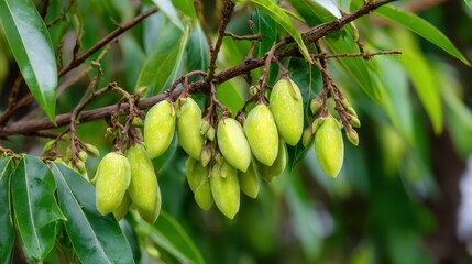 Obraz premium Unripe green Marian plums or Gandaria (Bouea macrophylla) hanging on a tree branch in an orchard