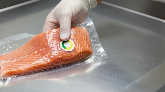 Careful Technologist Checking Fresh Salmon Pack Quality In Food Processing Plant