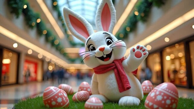 An advertising scene in a shopping mall. A cute toy rabbit blinks its eyes, smiles at visitors and waves its paw affably