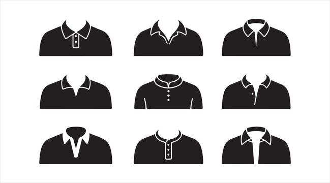Shirt collar icon set with different clothing collar styles black silhouette vector collection isolated on white background