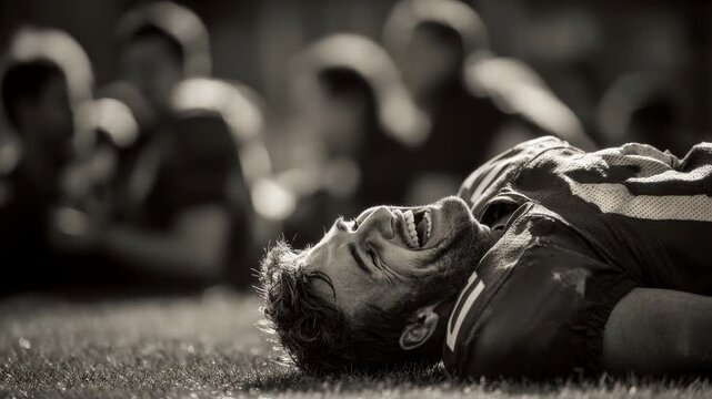 Happy American football players resting and laughing together on the field in bright sunlight. This sports teamwork scene shows athletes relaxing and enjoying camaraderie after a game.