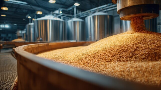 Golden malted grain pouring into a mash tun inside a modern brewery with stainless steel tanks in the background