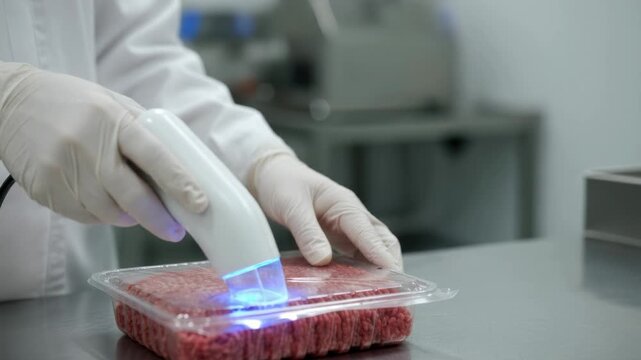 Focused Technologist Scanning Raw Meat During Food Processing Lab Inspection