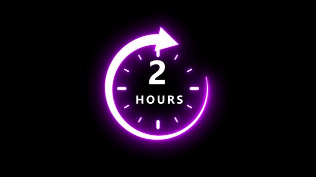 A vibrant neon purple circular arrow clock face showing the number two and the word hours on a black background, symbolizing a two-hour duration or time constraint