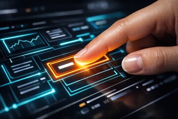 Fototapeta premium Digital interaction: A human finger interacts with a modern digital interface, triggering a virtual button and illuminating with a vibrant, glowing energy.