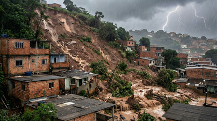 Fototapeta premium AI-Generated Image of Flood in Brazil – Heavy Rain Tragedy with Hillside Homes and Landslides