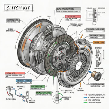 Detailed view of a clutch kit showing parts and functions in a mechanical setup for cars and vehicles