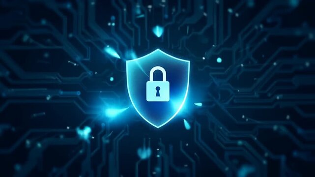 Glowing shield with padlock icon on dark blue digital circuit board background, cyan network nodes, cyber protection, cybersecurity, banking, technology